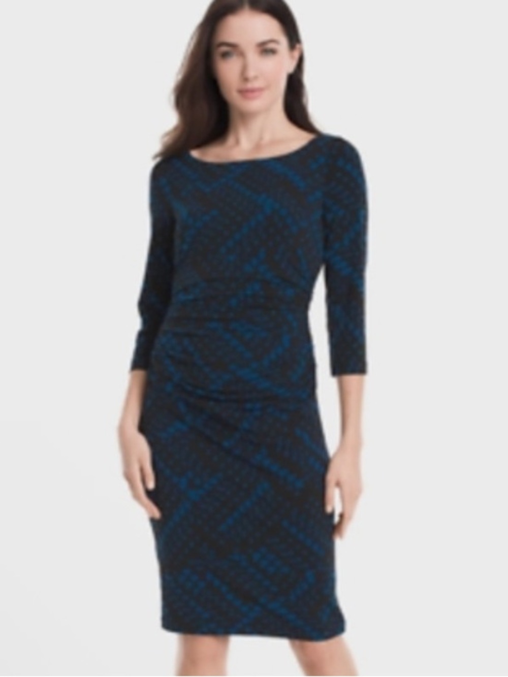 White House black market blue and black rouched dress